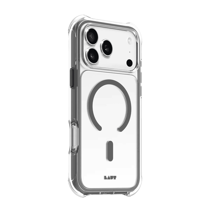 Side back view highlighting the tailored tactile button covers of the Laut AERO PROTECT iPhone 17 Pro Shadow Grey cover from Tradeline Egypt.