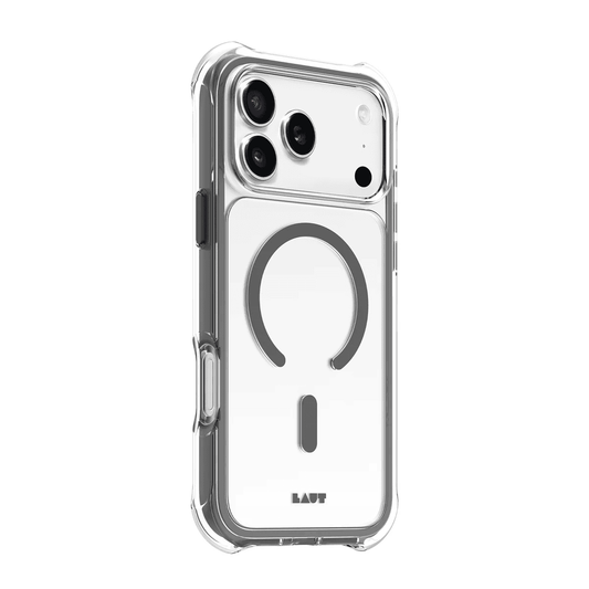 Side back view highlighting the tailored tactile button covers of the Laut AERO PROTECT iPhone 17 Pro Shadow Grey cover from Tradeline Egypt.