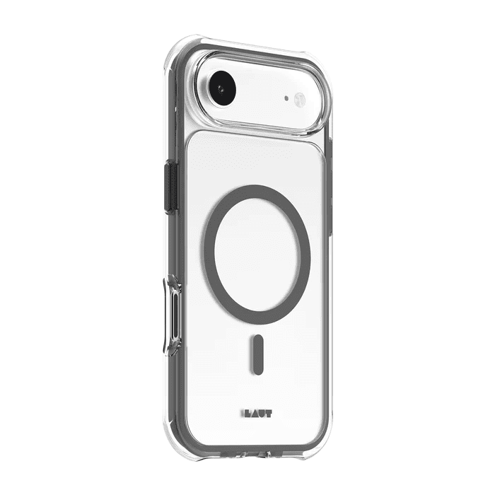 Side back view highlighting the slim profile and impact corners of the Laut AERO PROTECT iPhone Air Shadow Grey case from Tradeline Egypt.