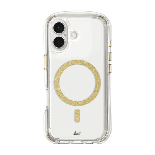 Rear view showcasing the premium golden glitter texture of the Laut AERO SPARKLE case for iPhone 16 in Crystal Gold from Tradeline.