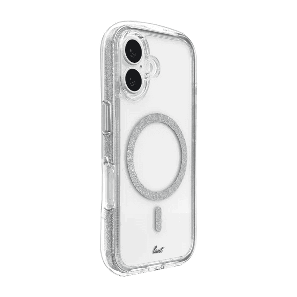 Side back view highlighting the secure grip boundaries of the Laut AERO SPARKLE iPhone 16 Crystal Silver sparkly case from Tradeline Egypt.