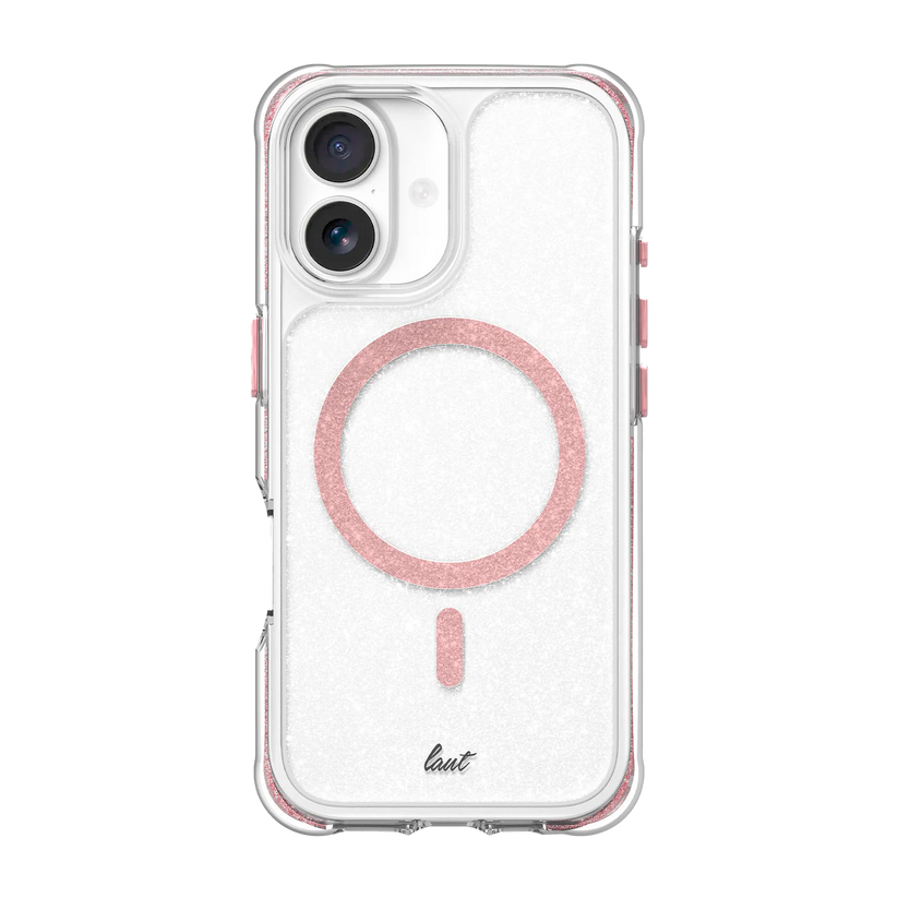 Rear view of the stylish Laut AERO SPARKLE everyday protection case for iPhone 17 in Crystal Pink from Tradeline.