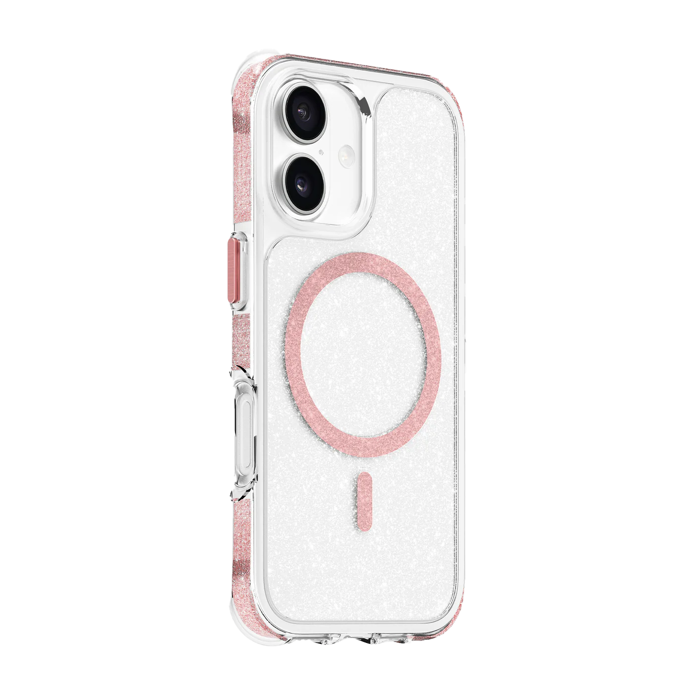Side back perspective detailing the shock-dispersal corners of the Laut AERO SPARKLE iPhone 17 Crystal Pink durable casing at Tradeline Egypt.