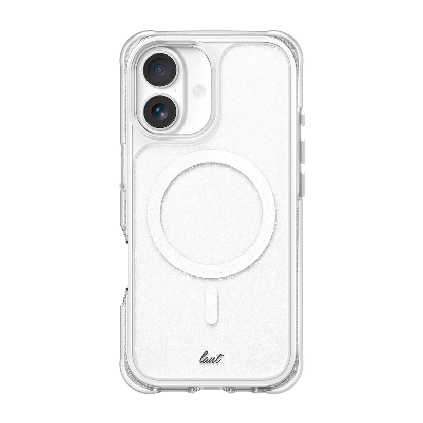 Rear view showing the scratch-resistant back panel of the Laut AERO SPARKLE case for iPhone 17 in Crystal Silver at Tradeline.