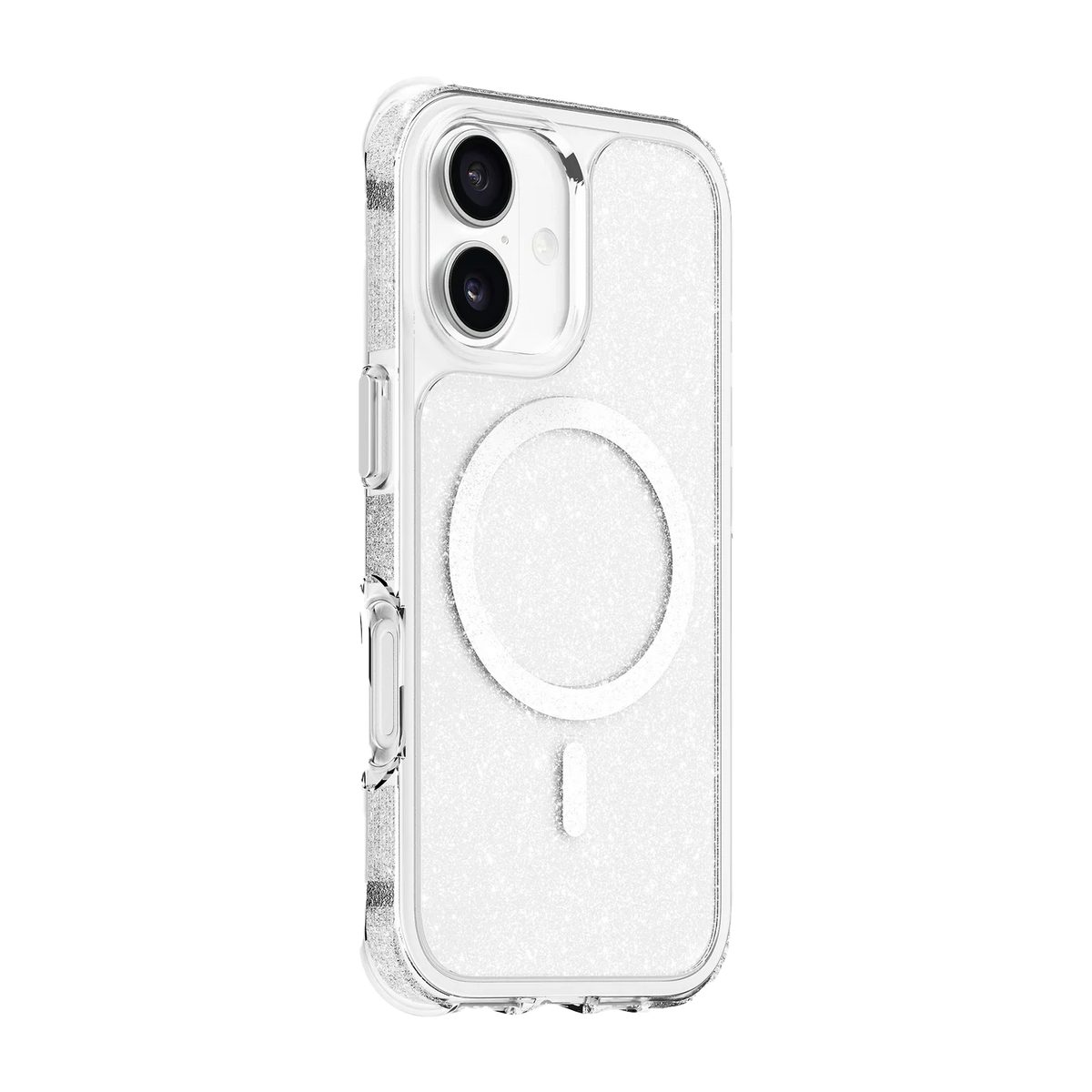 Side back profile view highlighting the metallic button covers of the Laut AERO SPARKLE iPhone 17 Crystal Silver glitter skin from Tradeline Egypt.