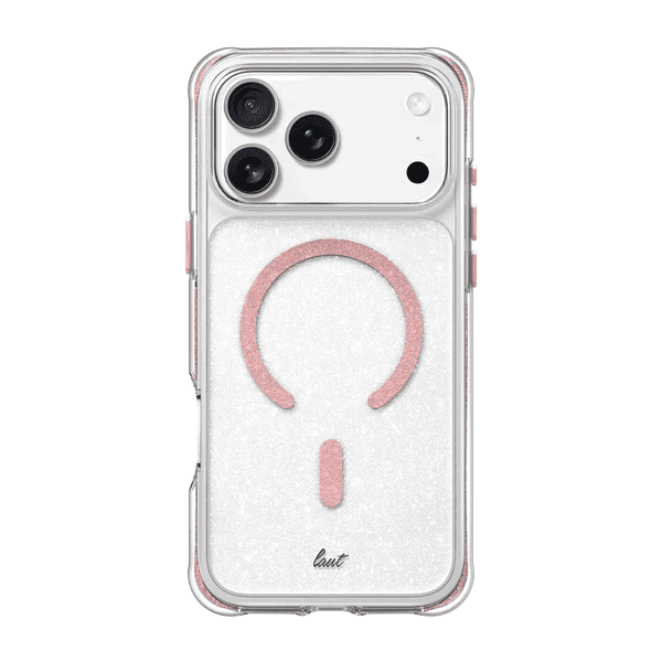 Rear view of the vibrant Laut AERO SPARKLE case for iPhone 17 Pro in Crystal Pink option available at Tradeline.