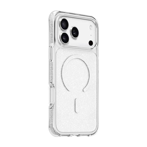 Side back view detailing the precise camera rim cutouts on the Laut AERO SPARKLE iPhone 17 Pro Crystal Silver phone cover at Tradeline Egypt.