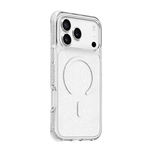 Side back view detailing the precise camera rim cutouts on the Laut AERO SPARKLE iPhone 17 Pro Crystal Silver phone cover at Tradeline Egypt.