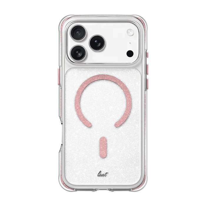 Rear view showcasing the shimmering Laut AERO SPARKLE case for iPhone 17 Pro Max in Crystal Pink at Tradeline.