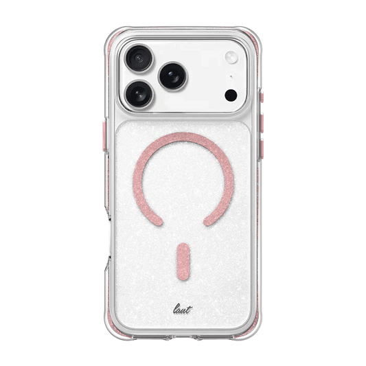 Rear view showcasing the shimmering Laut AERO SPARKLE case for iPhone 17 Pro Max in Crystal Pink at Tradeline.