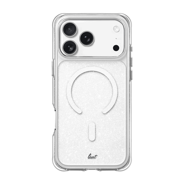 Rear view of the glittering Laut AERO SPARKLE case for iPhone 17 Pro Max in Crystal Silver available at Tradeline.