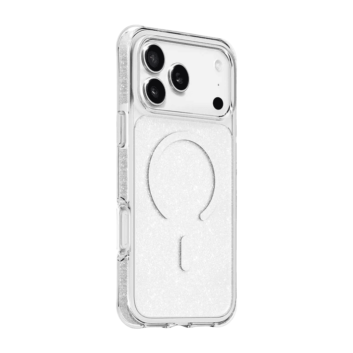 Side back view highlighting the protective bumper edges and glitter finish of the Laut AERO SPARKLE iPhone 17 Pro Max Crystal Silver case from Tradeline Egypt.