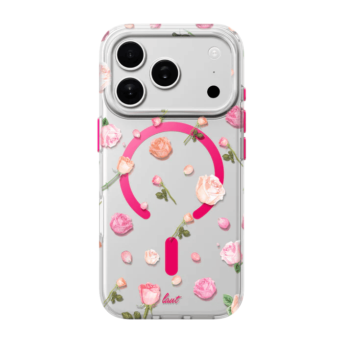 Rear view of the vibrant Laut BLOSSOM LUXE case for iPhone 17 Pro Max in Pink Roses graphic available at Tradeline.