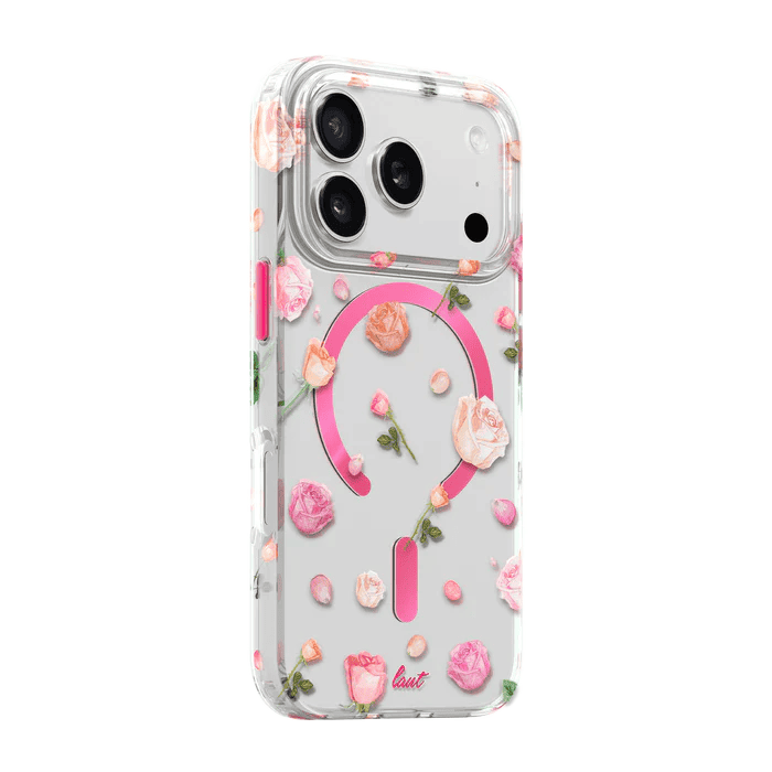 Side back view detailing the clear protective borders of the Laut BLOSSOM LUXE iPhone 17 Pro Max Pink Roses phone case from Tradeline Egypt.