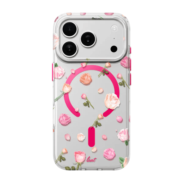 Rear view of the Laut BLOSSOM LUXE case for iPhone 17 Pro in Pink Roses featuring a premium floral design at Tradeline.