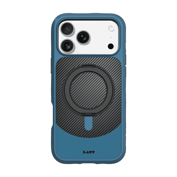 Rear view of the stylish Laut CARBON MATTER impact case for iPhone 17 Pro in Frozen Blue finish from Tradeline.