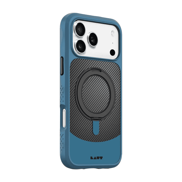 Side back profile view showing the dense shockproof border matrix on the Laut CARBON MATTER iPhone 17 Pro Frozen Blue case at Tradeline Egypt.