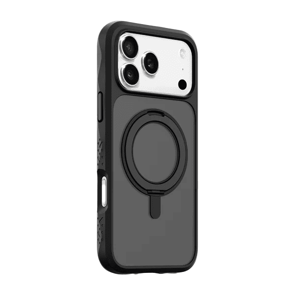 Side back perspective detailing the slim form-fitting profile of the Laut CARBON MATTER iPhone 17 Pro Midnight phone skin from Tradeline Egypt.