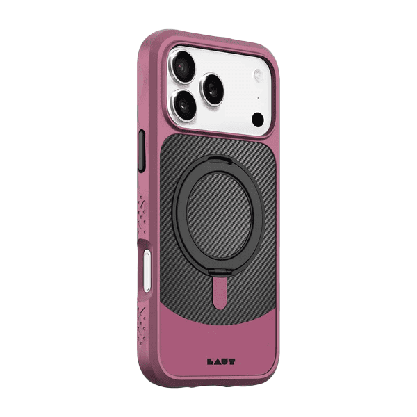Side back view highlighting the protective raised camera lens frame of the Laut CARBON MATTER iPhone 17 Pro Wine Red cover from Tradeline Egypt.