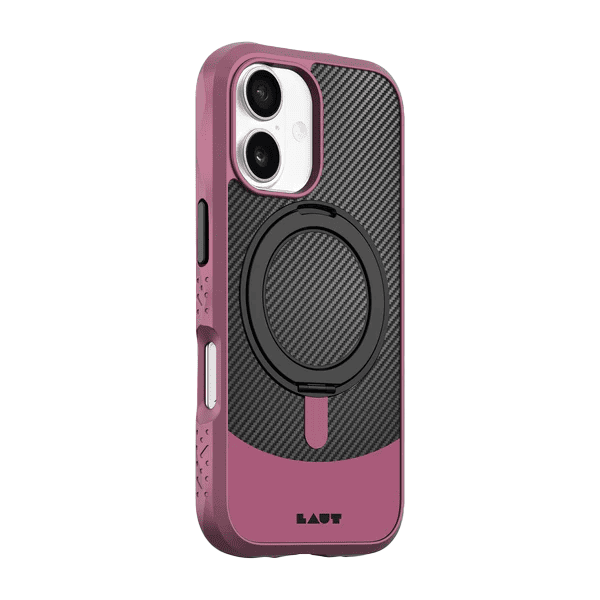 Side back view highlighting the protective raised camera lens frame of the Laut CARBON MATTER iPhone 17 Wine Red cover from Tradeline Egypt.