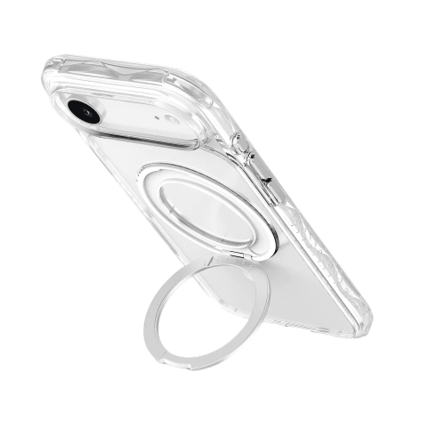 Close-up layout showing the glass-like transparency of the Laut CARBON MATTER case for iPhone Air Crystal at Tradeline.