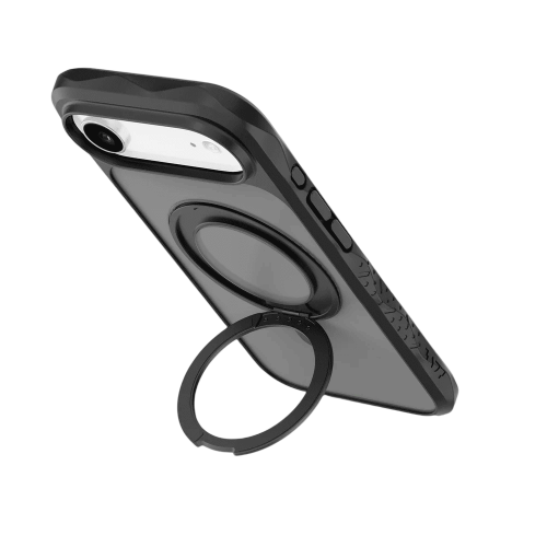 Detailed shot of the integrated MagSafe magnetic alignment circle on the Laut CARBON MATTER iPhone Air Midnight cover at Tradeline.