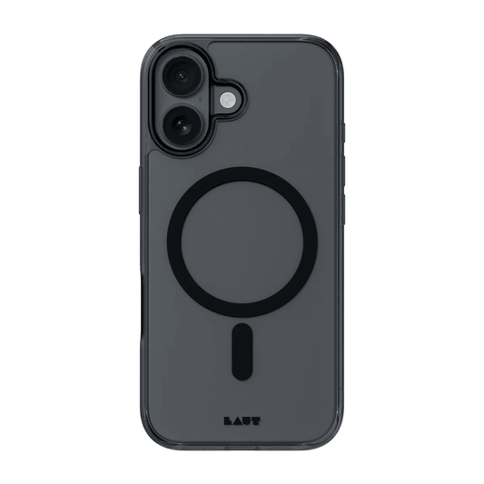 Rear view showing the sleek smoky transparency of the Laut CRYSTAL FLURO case for iPhone 17 in Clear Black at Tradeline.