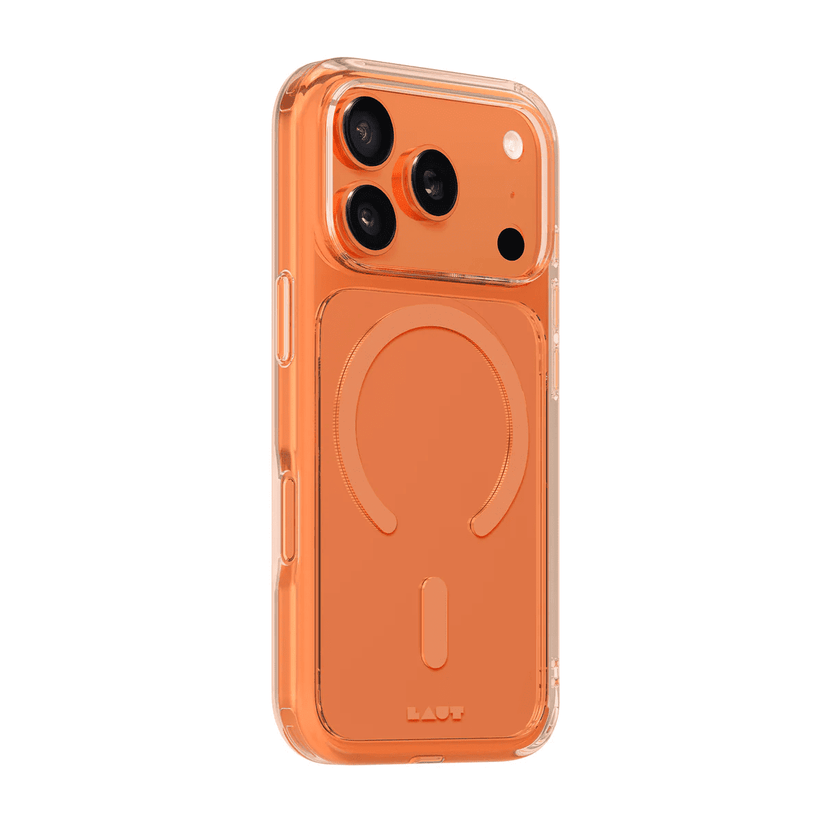 Side back view displaying the precise cutouts and side grip profile of the Laut CRYSTAL FLURO iPhone 17 Pro Clear Bronze case at Tradeline Egypt.
