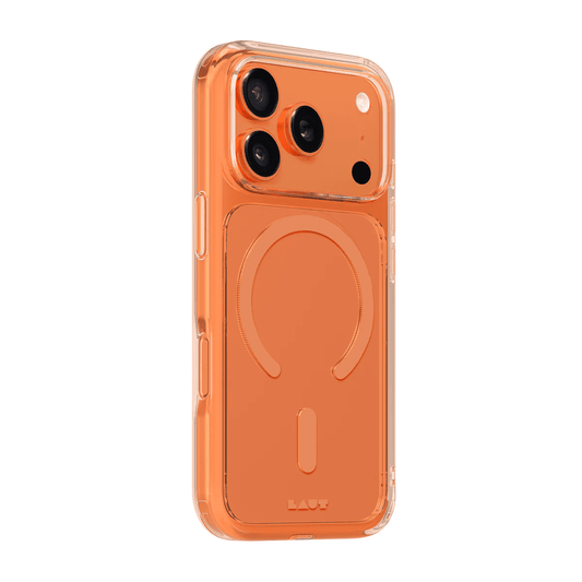 Side back view displaying the precise cutouts and side grip profile of the Laut CRYSTAL FLURO iPhone 17 Pro Clear Bronze case at Tradeline Egypt.