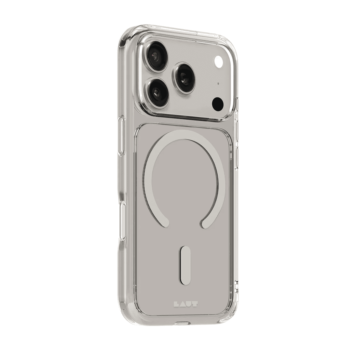Side back perspective highlighting the impact-resistant shock absorption borders of the Laut CRYSTAL FLURO iPhone 17 Pro Max Clear Grey case from Tradeline Egypt.