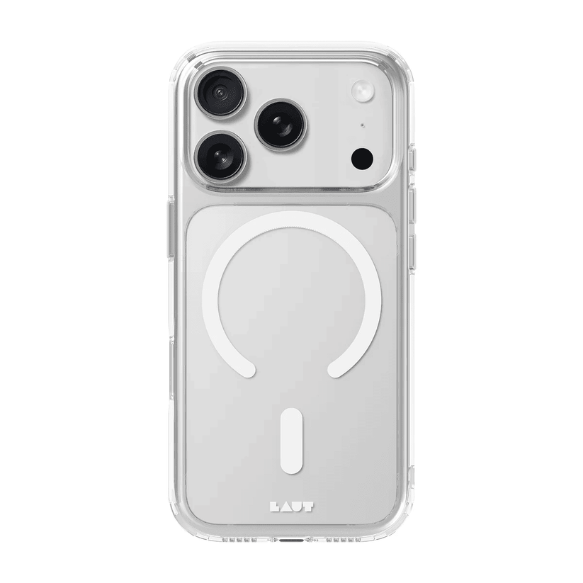 Rear view showcasing the translucent panel of the Laut CRYSTAL FLURO case for iPhone 17 Pro Max in Clear Light Grey from Tradeline.