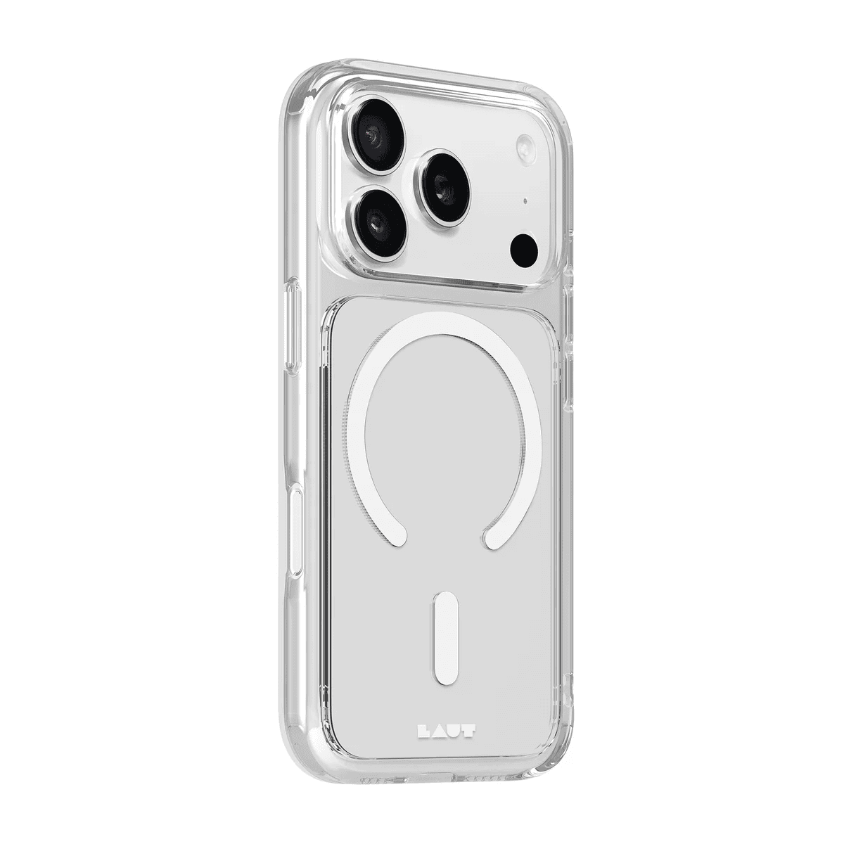 Side back view detailing the slim scratch-resistant frame and metallic buttons of the Laut CRYSTAL FLURO iPhone 17 Pro Max Clear Light Grey case at Tradeline Egypt.