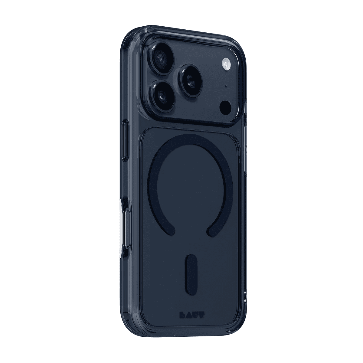 Side back profile showing the dark neon frame and bumper corners of the Laut CRYSTAL FLURO iPhone 17 Pro Max Clear Midnight case from Tradeline Egypt.