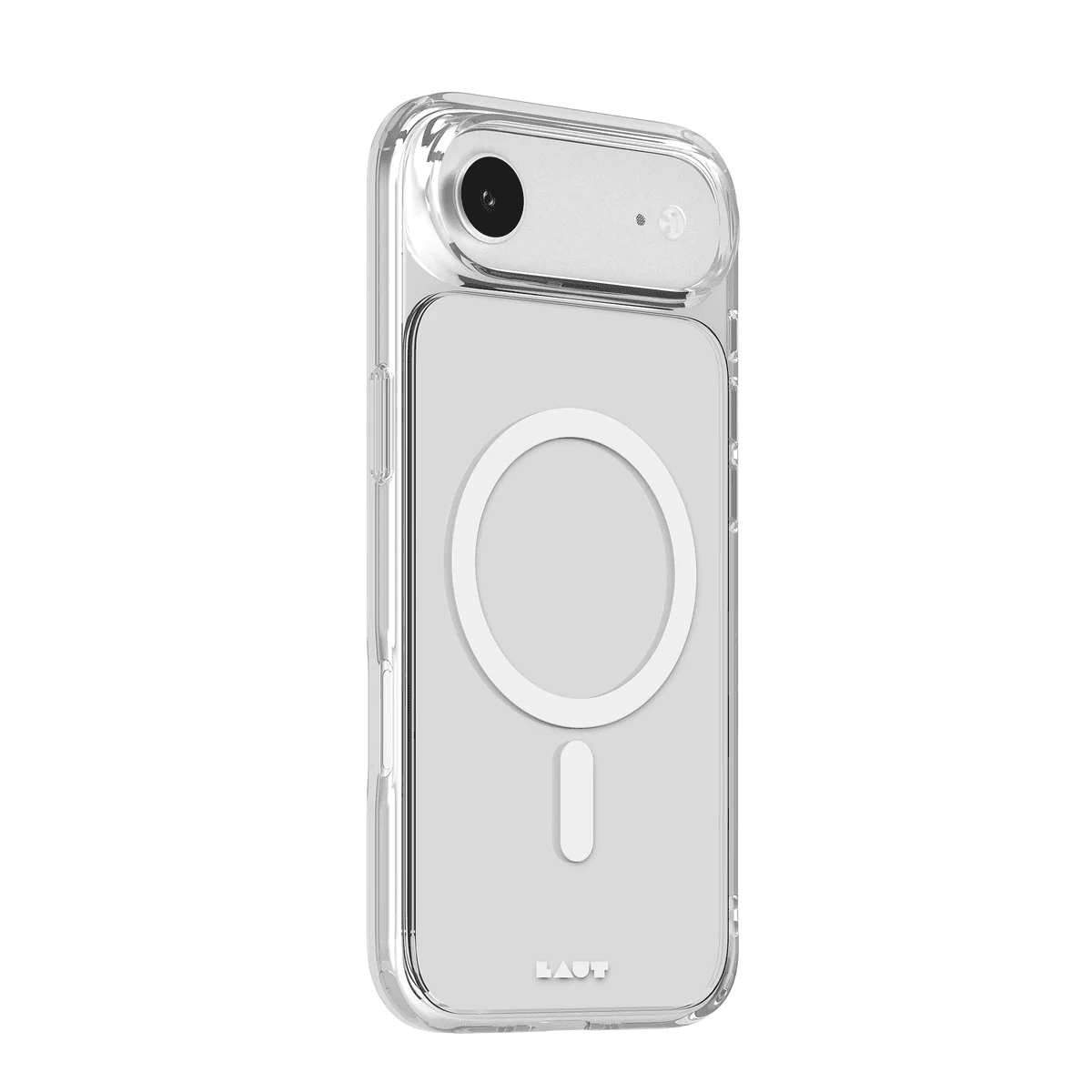 Back side view showcasing the anti-yellowing structure and clear buttons of the Laut CRYSTAL FLURO iPhone Air Clear cover from Tradeline Egypt.