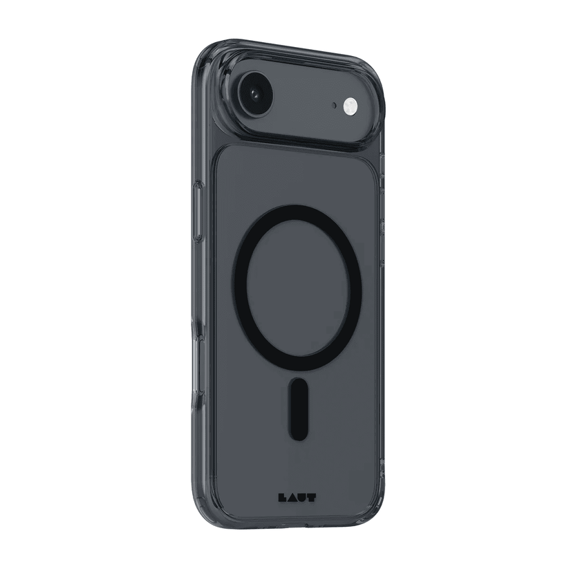 Back side perspective detailing the slim scratch-resistant back panel of the Laut CRYSTAL FLURO iPhone Air Clear Black case from Tradeline Egypt.