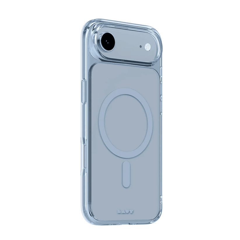 Back side view showcasing the thin form-fitting impact bumpers of the Laut CRYSTAL FLURO iPhone Air Light Blue case from Tradeline Egypt.