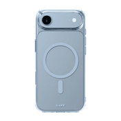 Rear view of the transparent Laut CRYSTAL FLURO back cover for iPhone Air featuring Light Blue neon accents at Tradeline.