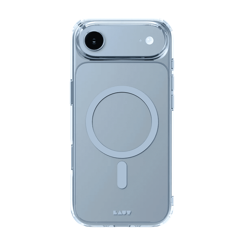 Rear view of the transparent Laut CRYSTAL FLURO back cover for iPhone Air featuring Light Blue neon accents at Tradeline.