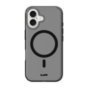 Front view of the sleek, tinted Laut CRYSTAL-M case for iPhone 16 in Black Crystal showcase at Tradeline.