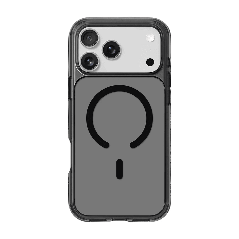 Rear view of the dark tinted Laut CRYSTAL MATTER X case for iPhone 17 Pro in Black Crystal colorway from Tradeline.