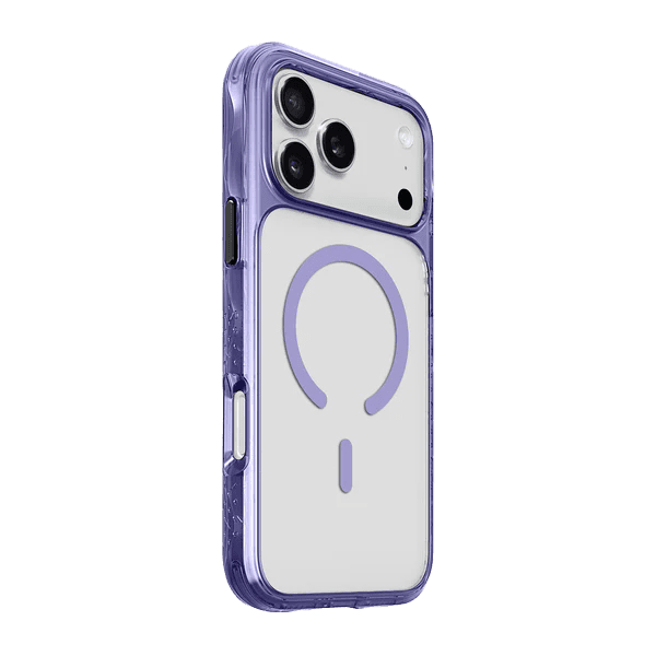 Back side profile view highlighting the reinforced bumper edges of the Laut CRYSTAL MATTER X iPhone 17 Pro Purple Crystal case from Tradeline Egypt.