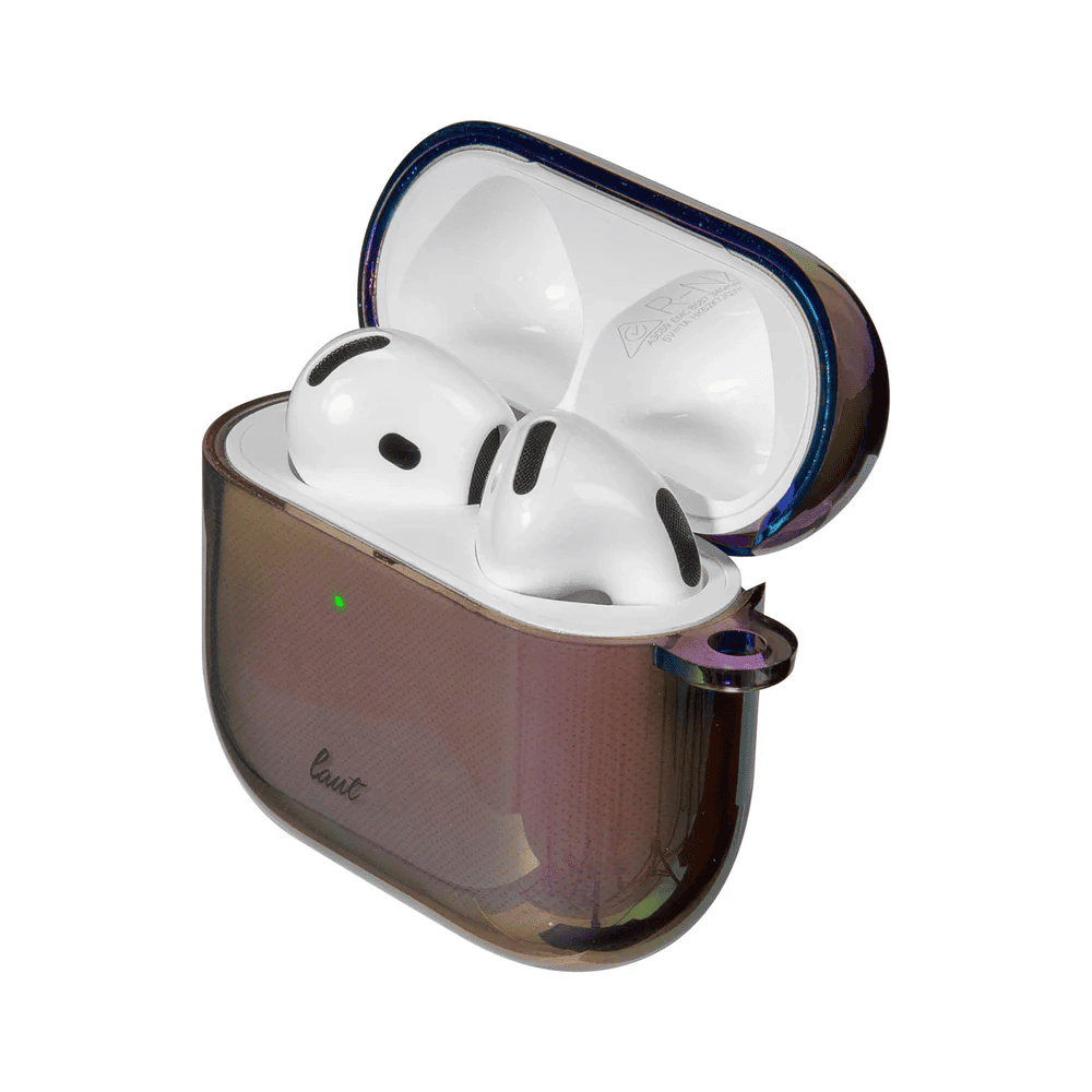 Open view displaying the sleek dark tint of the LAUT HOLO case for AirPods 4 in Midnight available at Tradeline.