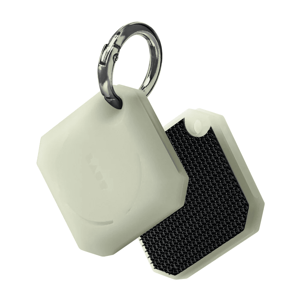 Front and back view in daylight of the unique LAUT HUEX GEM case for AirTag in Glow in The Dark available at Tradeline.