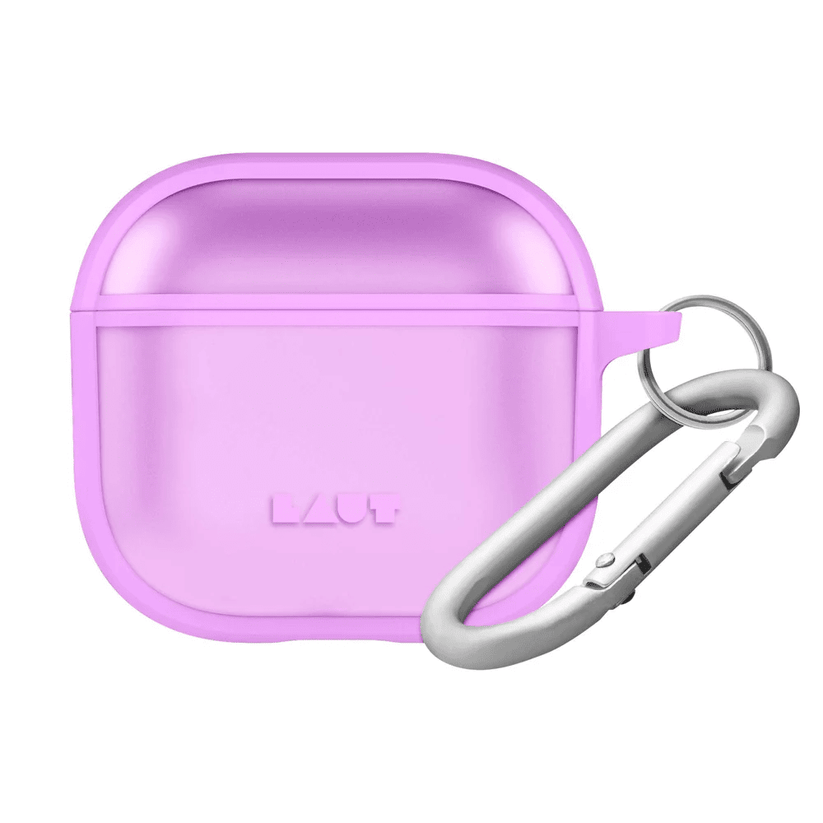 Front view of the eye-catching LAUT HUEX PROTECT protective case for AirPods 4 in Bright Pink available at Tradeline.