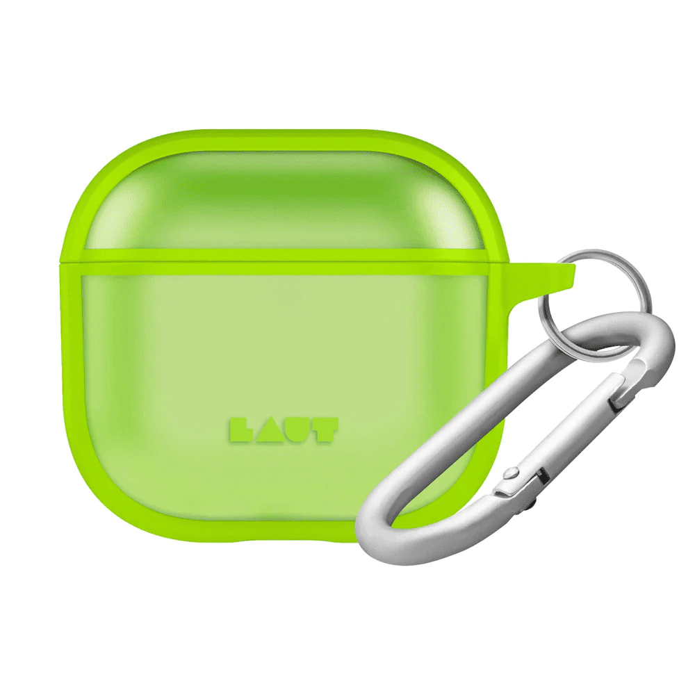 Front view of the durable LAUT HUEX PROTECT case for AirPods 4 in Neon Green available at Tradeline Egypt.
