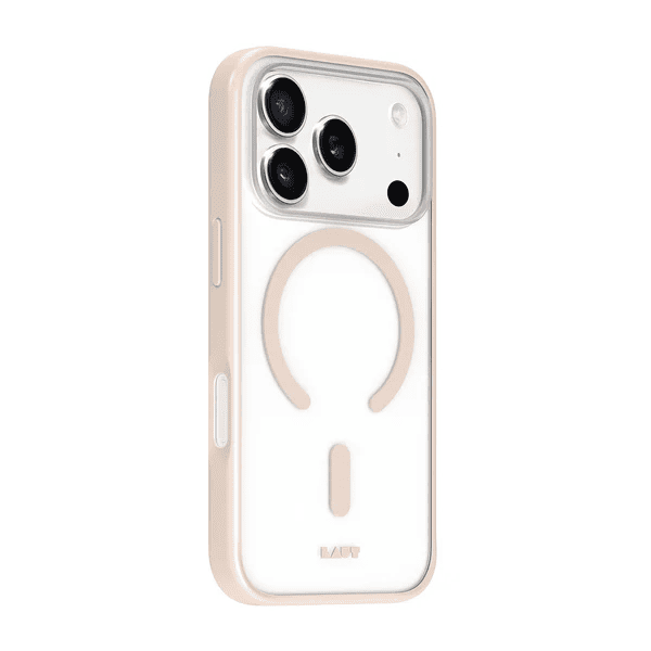 Slim side profile detailing corner reinforcement on the Laut HUEX PROTECT case for iPhone 17 Pro Max Beige Gold at Tradeline.