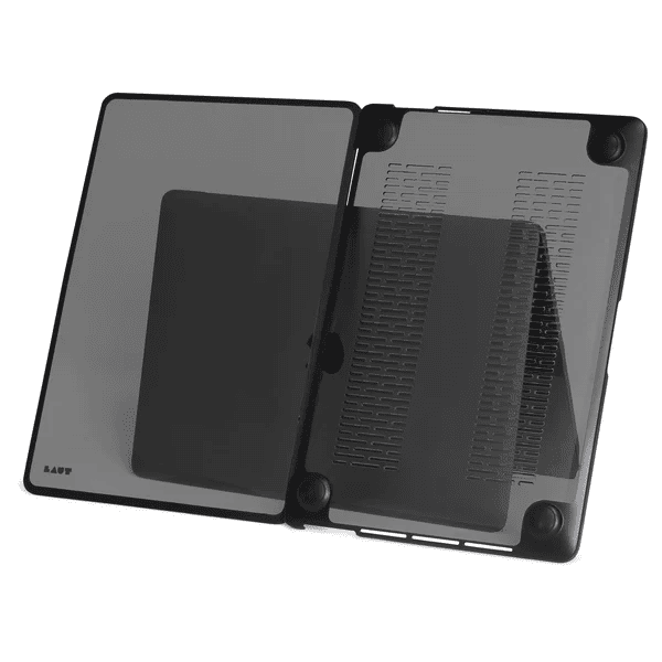Base view showing the heat dissipation slots on the LAUT HUEX PROTECT case for MacBook Air 13-inch 2023/2021 Frost Black from Tradeline.