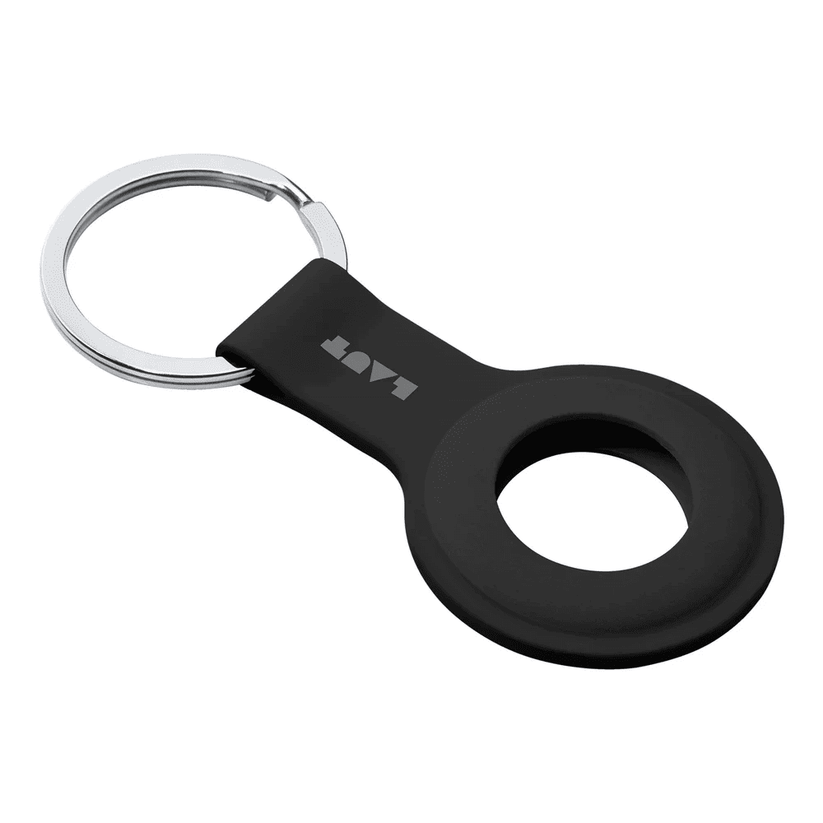 Isometric perspective view of the shockproof LAUT HUEX TAG silicone case for AirTag in Black at Tradeline.
