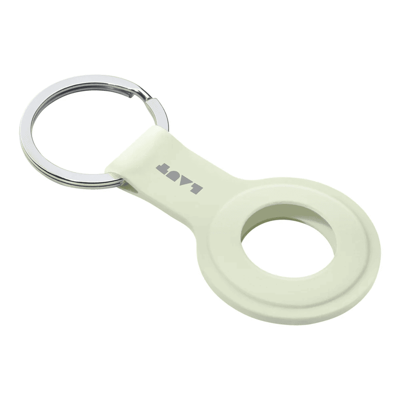 Three-quarter angled view of the durable LAUT HUEX TAG loop strap holder for AirTag Glow in The Dark at Tradeline.
