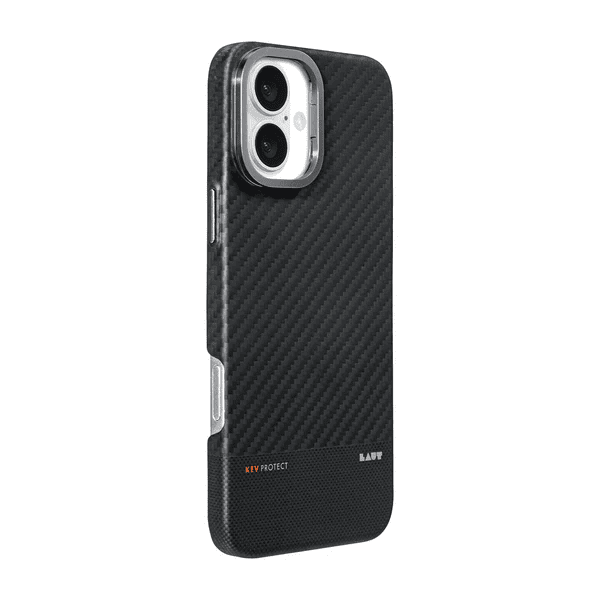 Side profile highlighting the precise button cutouts on the Laut KEV PROTECT Aramid Fiber case for iPhone 16 Black at Tradeline.